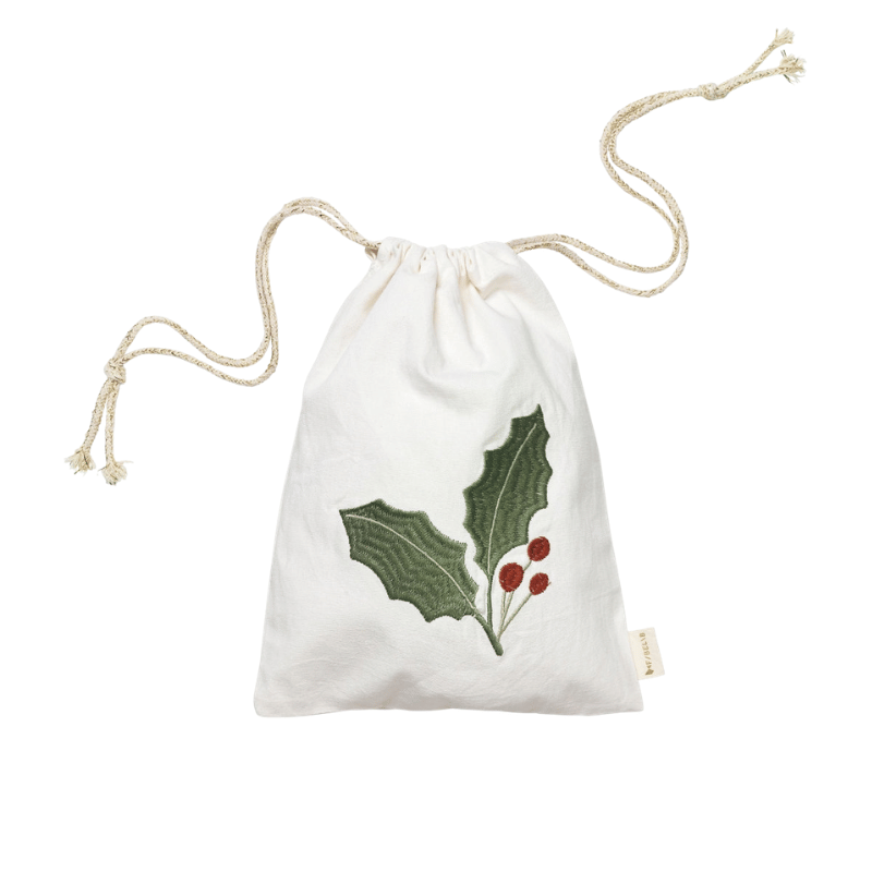 Fabelab Christmas - Gift Bag Holly embroidery Natural, 34 cm