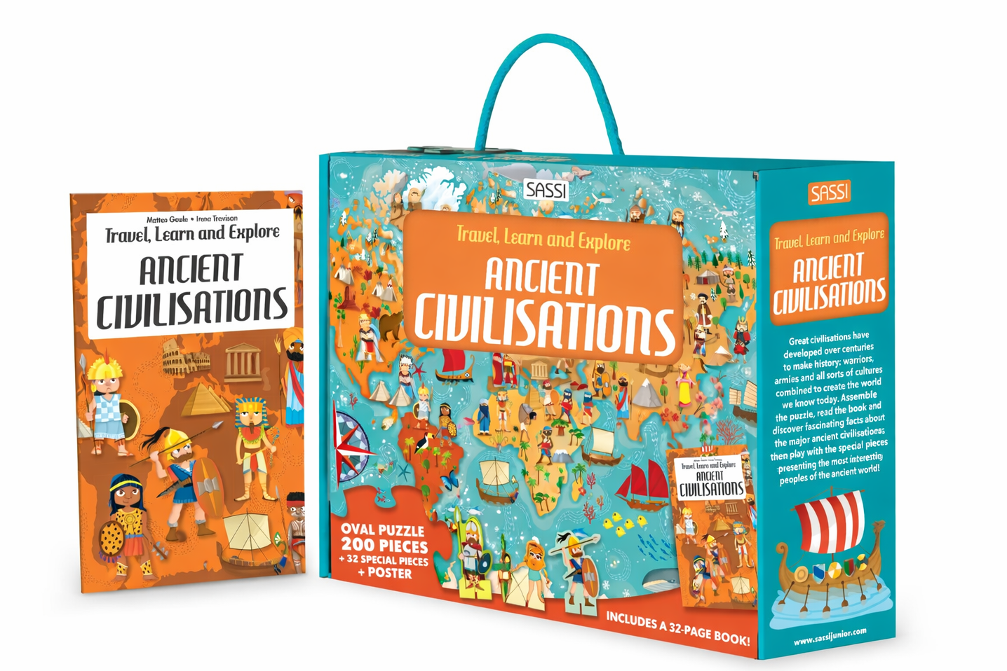 Sassi Travel, Learn and Explore - Puzzle and Book Set - World of Ancient Civilisations, 200 pcs