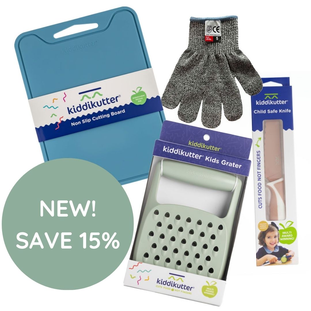Kiddikutter Grater, Grater Glove, Cutting Board & Knife Bundle